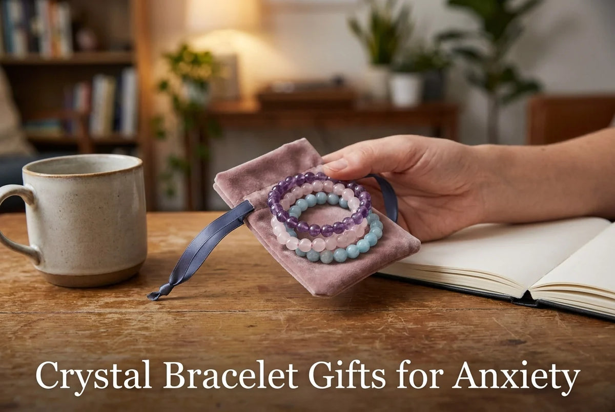 Professional header image for list-based article: Crystal Bracelet Gifts for Anxiety: Choose a Stone That F...