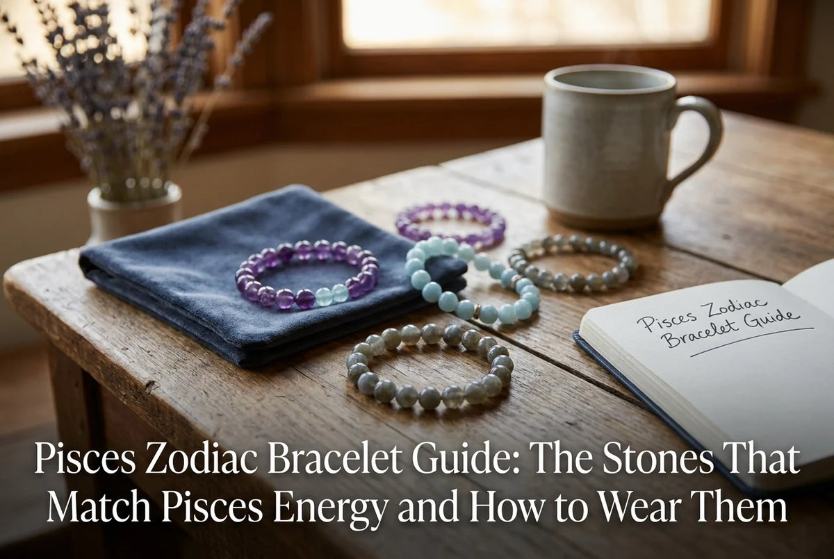 Professional header image for educational tutorial: Pisces Zodiac Bracelet Guide: The Stones That Match Pisce...
