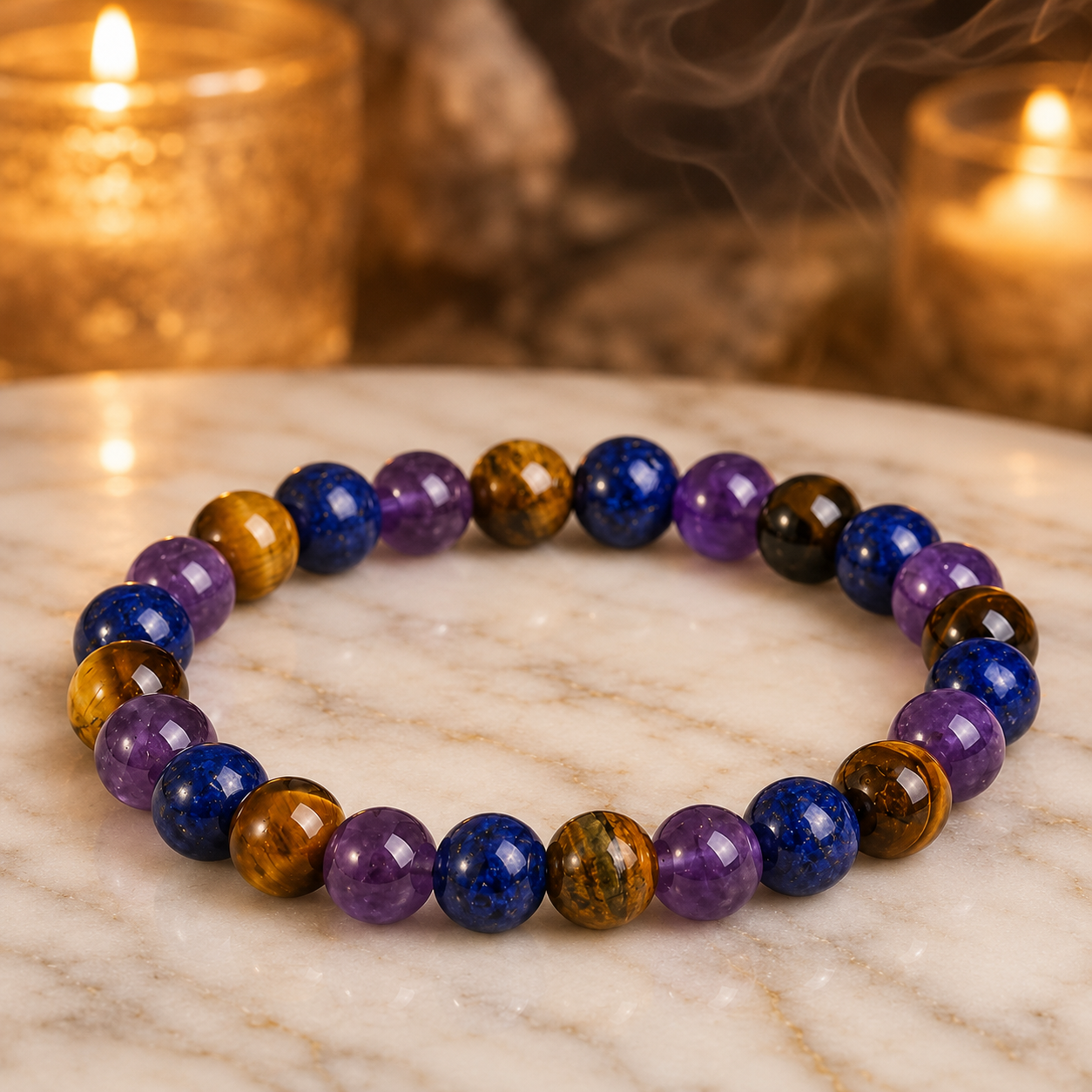 Amethyst Tiger's Eye Lapis Lazuli bracelet displayed in a calming spa setting with crystal elegance