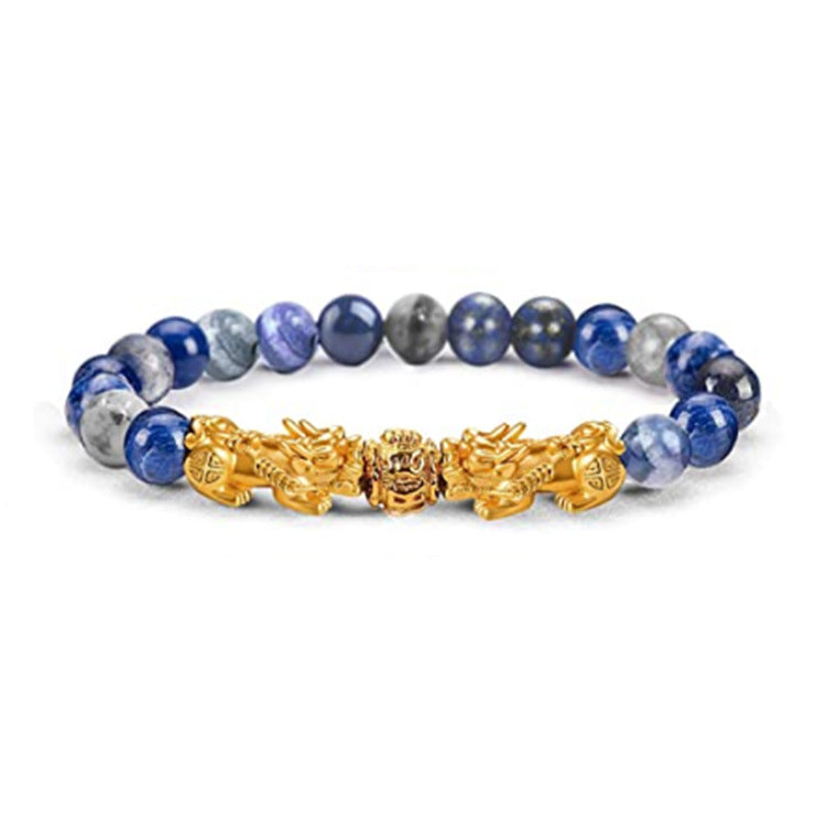 Blue Tiger Eye bracelet with blue gray beads and gold Pixiu charm accents
