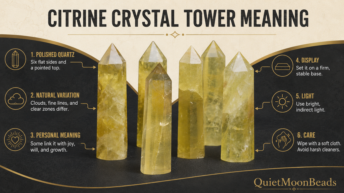 Citrine crystal tower meaning infographic showing six polished yellow quartz points with natural clouds, six-sided forms, display tips, and gentle care.