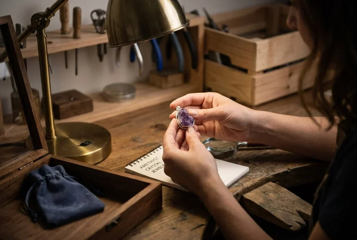 Woman wearing amethyst crystal jewelry in a sunlit room