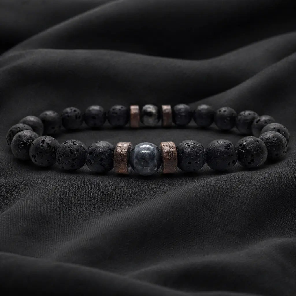 Lava labradorite bracelet featuring black volcanic stone beads and polished gemstone accents for modern style