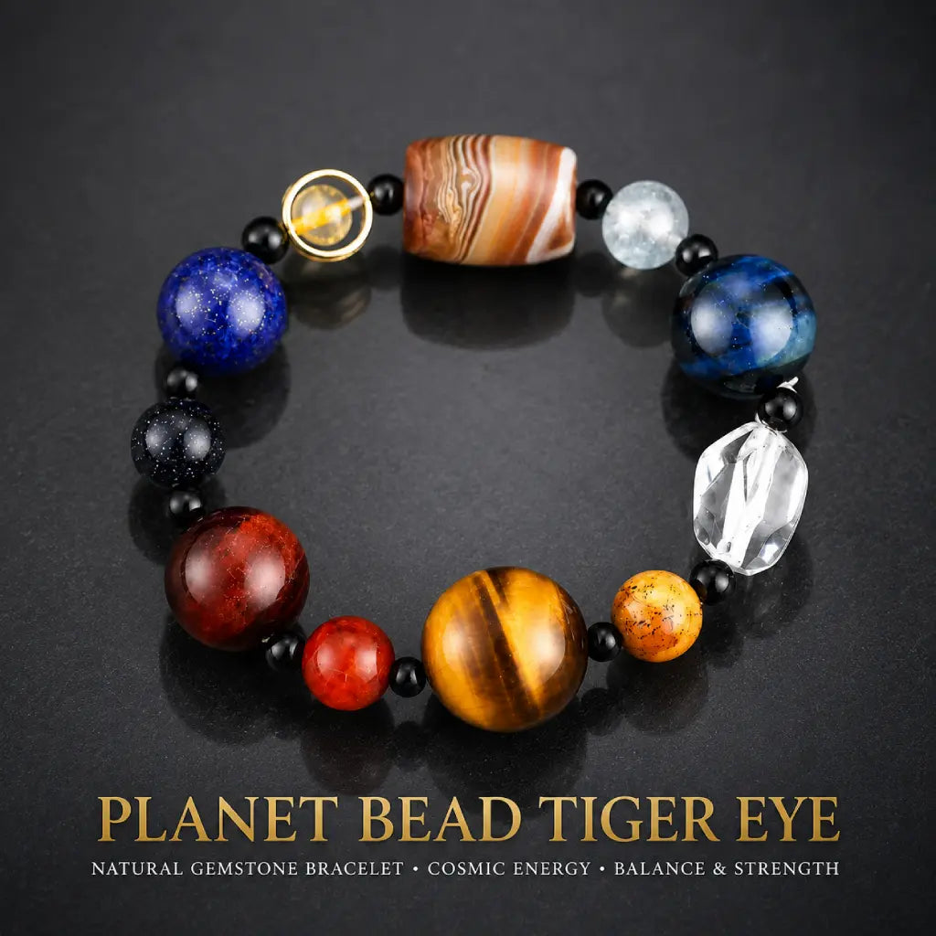 Planet bead tiger eye natural gemstone bracelet with colorful planet-inspired beads, polished tiger eye, quartz, and agate for stylish everyday wear and positive energy.