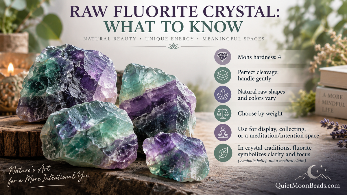 Raw fluorite crystal infographic covering Mohs hardness, natural variation, choosing by weight, gentle care, display ideas, and symbolic meaning.