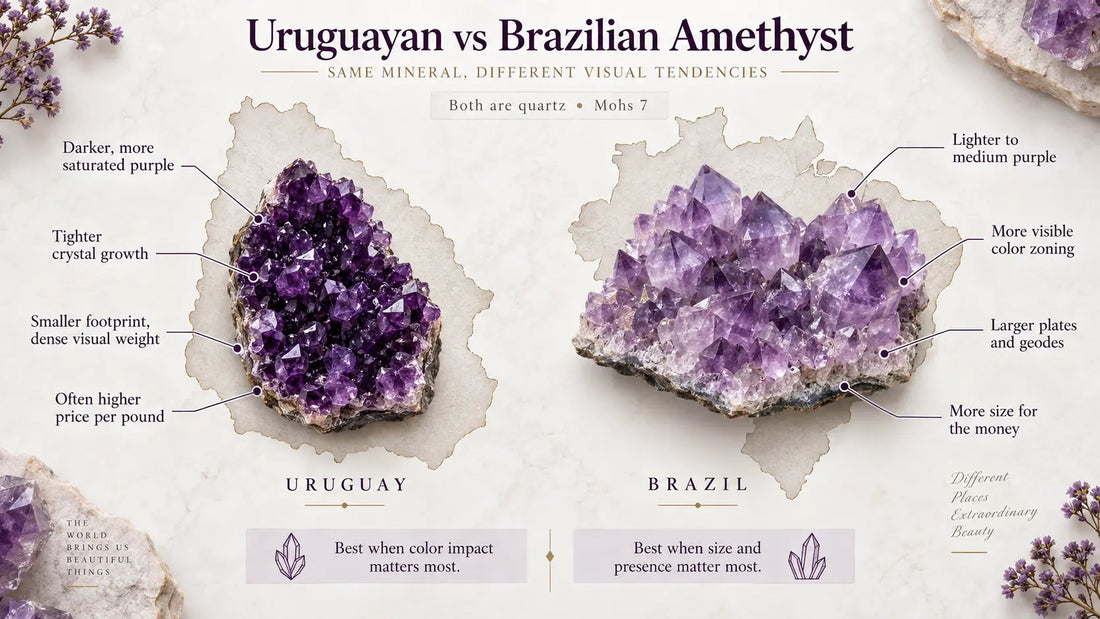 Uruguayan vs Brazilian amethyst comparison showing darker Uruguayan crystals beside lighter Brazilian amethyst clusters.