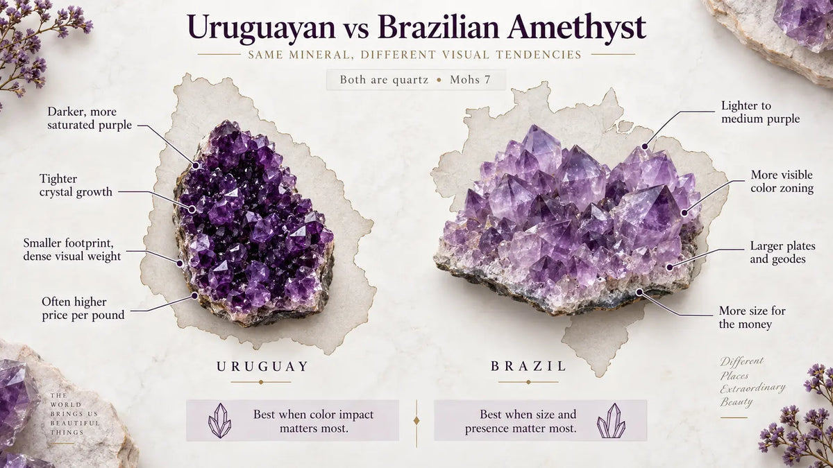 Uruguayan vs Brazilian amethyst comparison showing darker Uruguayan crystals beside lighter Brazilian amethyst clusters.