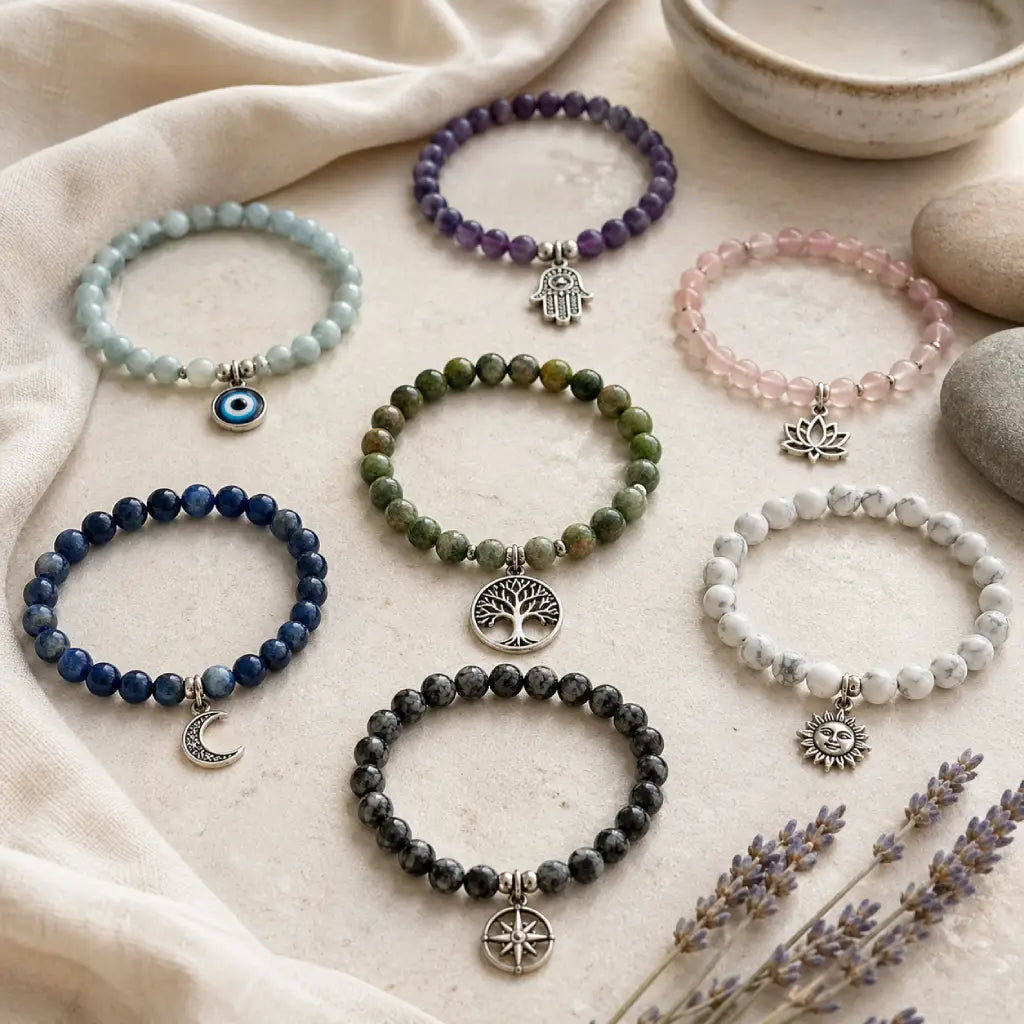 Spiritual bracelets with crystal beads and Tree of Life, Evil Eye, Hamsa, Moon, Sun, Lotus, and Compass charms