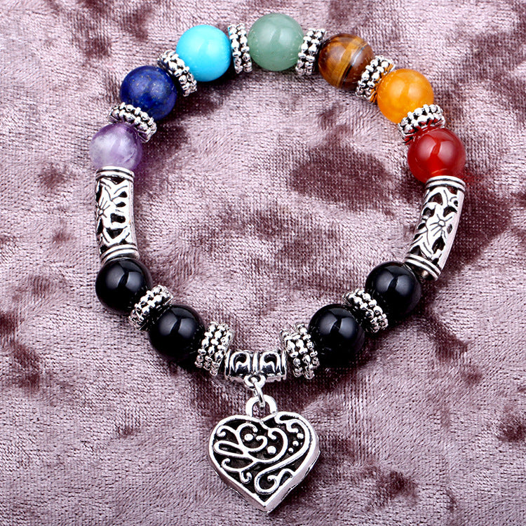Seven Chakra Natural Stone Bracelet with Heart Charm