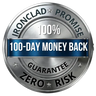 Circular logo with 'Ironclad Promise' and '100-Day Money Back Guarantee Zero Risk' text on a white background.