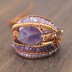 Natural Amethyst Double-Wrap Leather Beaded Bracelet