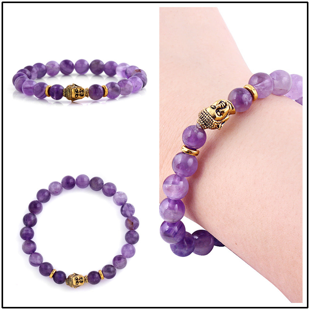 Natural Amethyst Buddha Head Bracelet with 8mm Beads