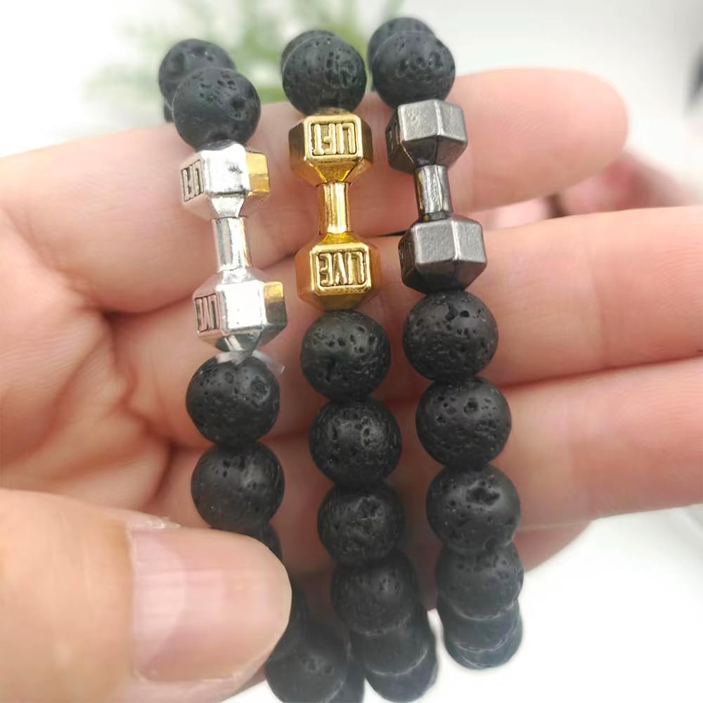 Volcanic Stone Dumbbell Bracelet for Men with Alloy Charm