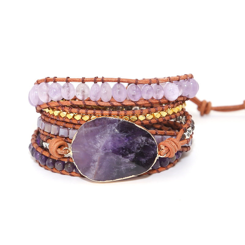 Natural Amethyst Double-Wrap Leather Beaded Bracelet
