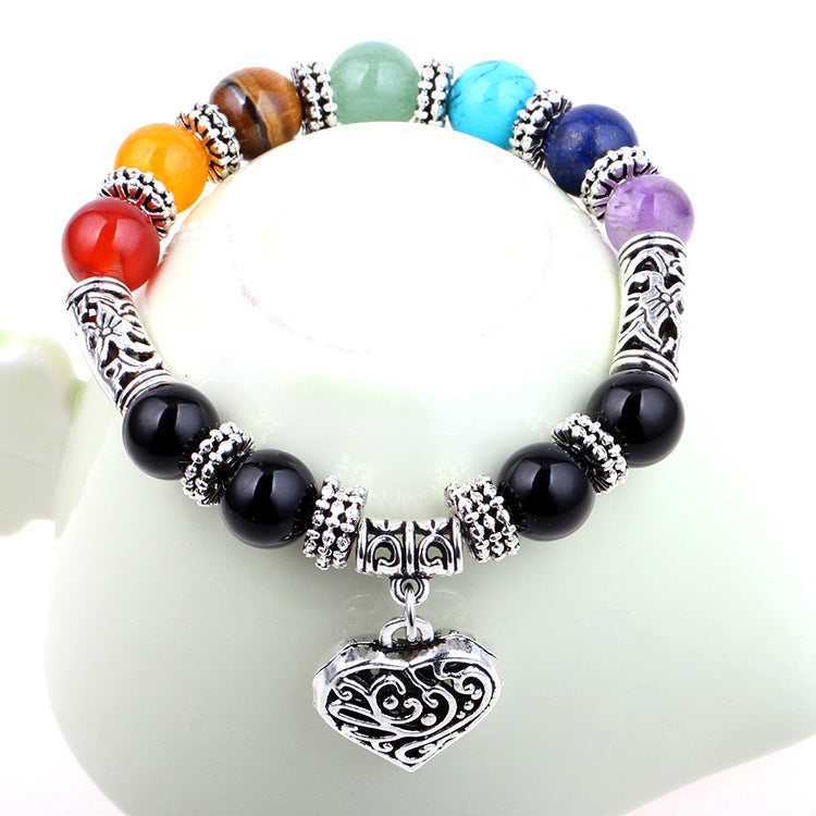 Seven Chakra Natural Stone Bracelet with Heart Charm