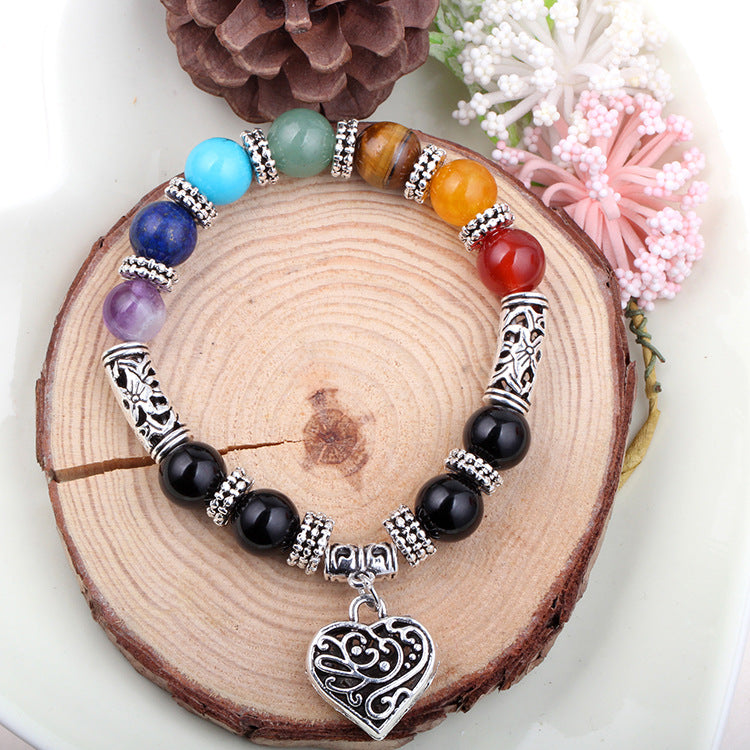 Seven Chakra Natural Stone Bracelet with Heart Charm