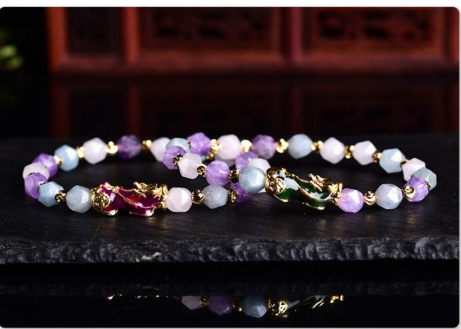 Amethyst Pixiu Bracelet with Modern Geometric Charm