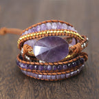 Natural Amethyst Double-Wrap Leather Beaded Bracelet