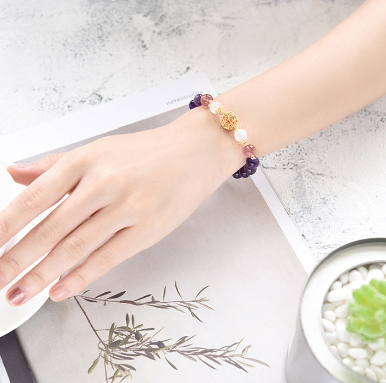 Natural Amethyst Bracelet with Gold Spacers and Center Orb
