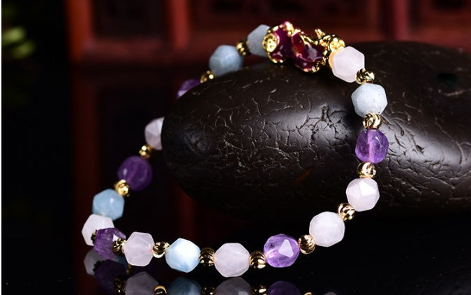 Amethyst Pixiu Bracelet with Modern Geometric Charm
