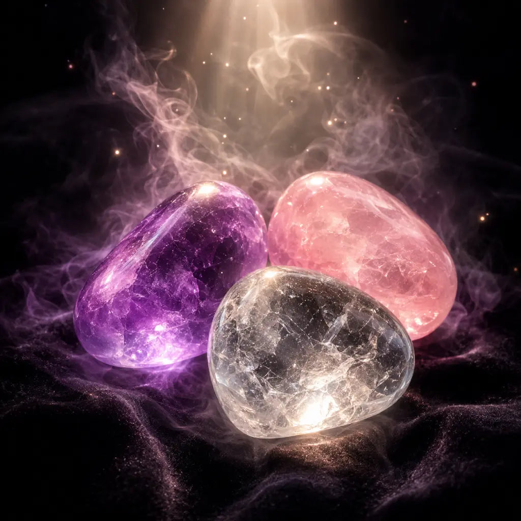 Three colorful crystals (purple, pink, and clear) on a dark background with mystical smoke effects.