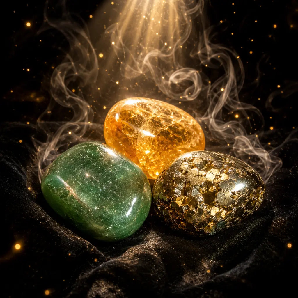 Three glowing stones in green, gold, and bronze on a dark background with smoke effects.