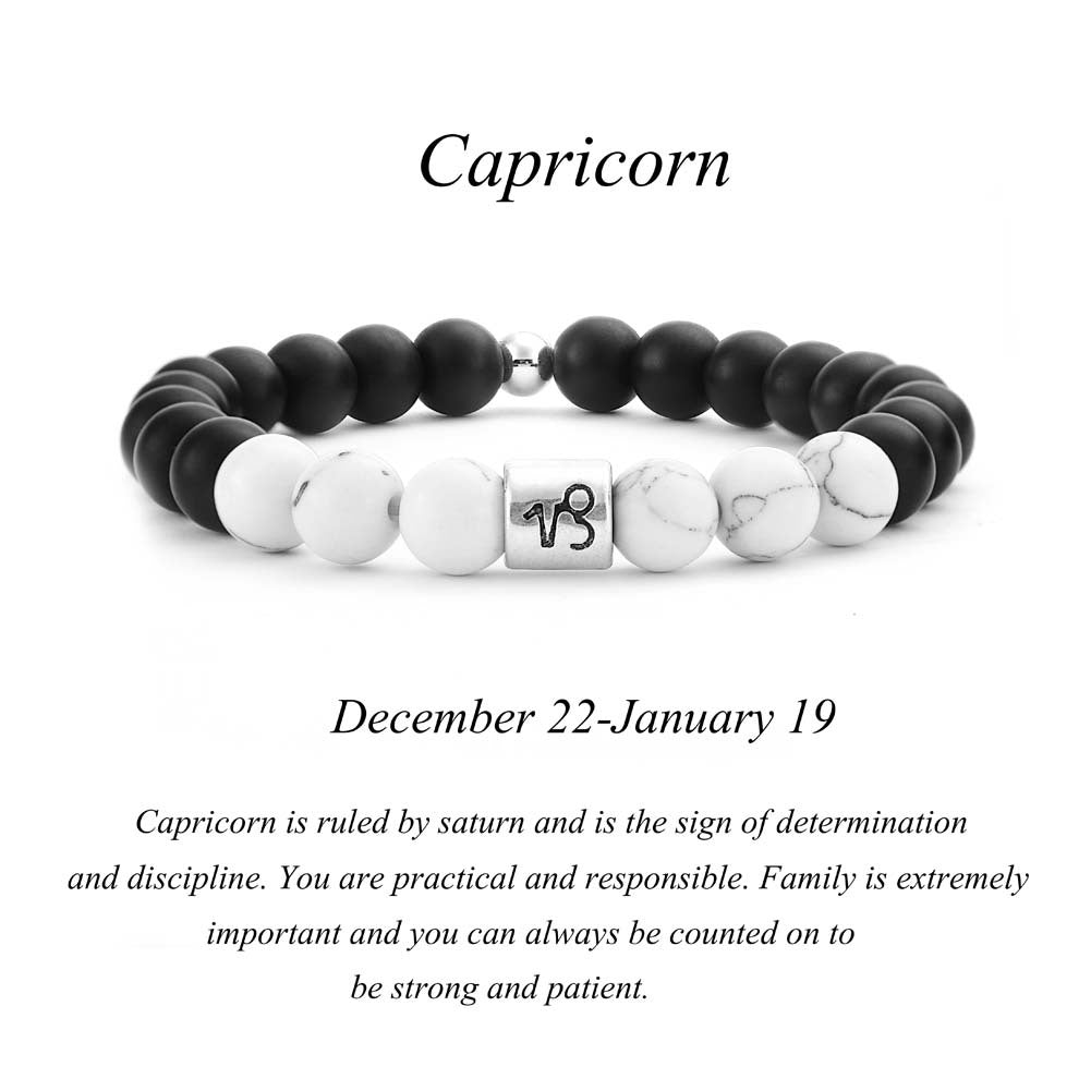 Black and white beaded bracelet with a '13' charm on a white background, featuring information about Capricorn.