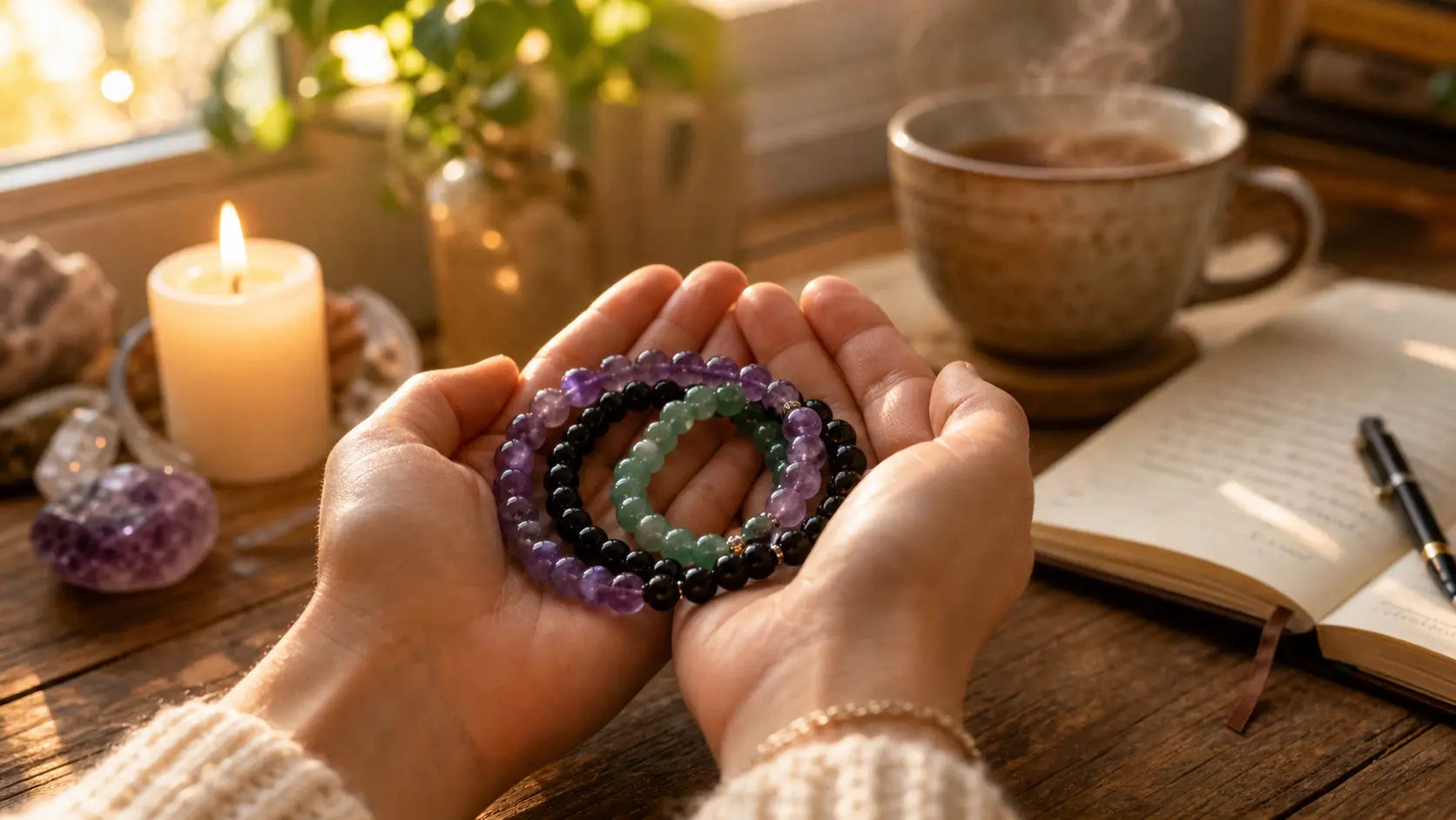 Hands holding three colorful bracelets on a wooden table with a cup of coffee, candle, and book in the background.