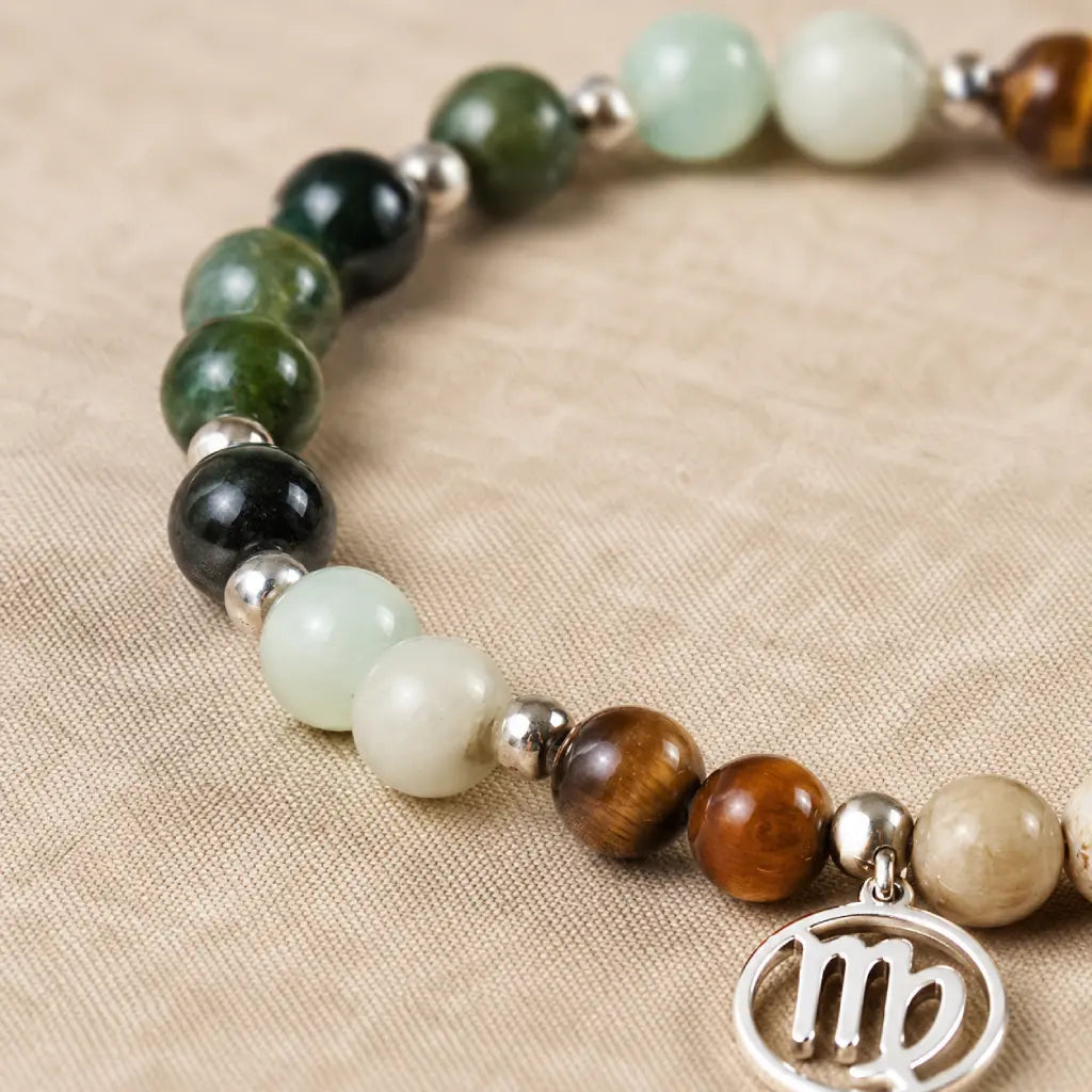 Virgo crystal bracelet highlighting premium healing stones and zodiac charm, crafted for spiritual wellness seekers