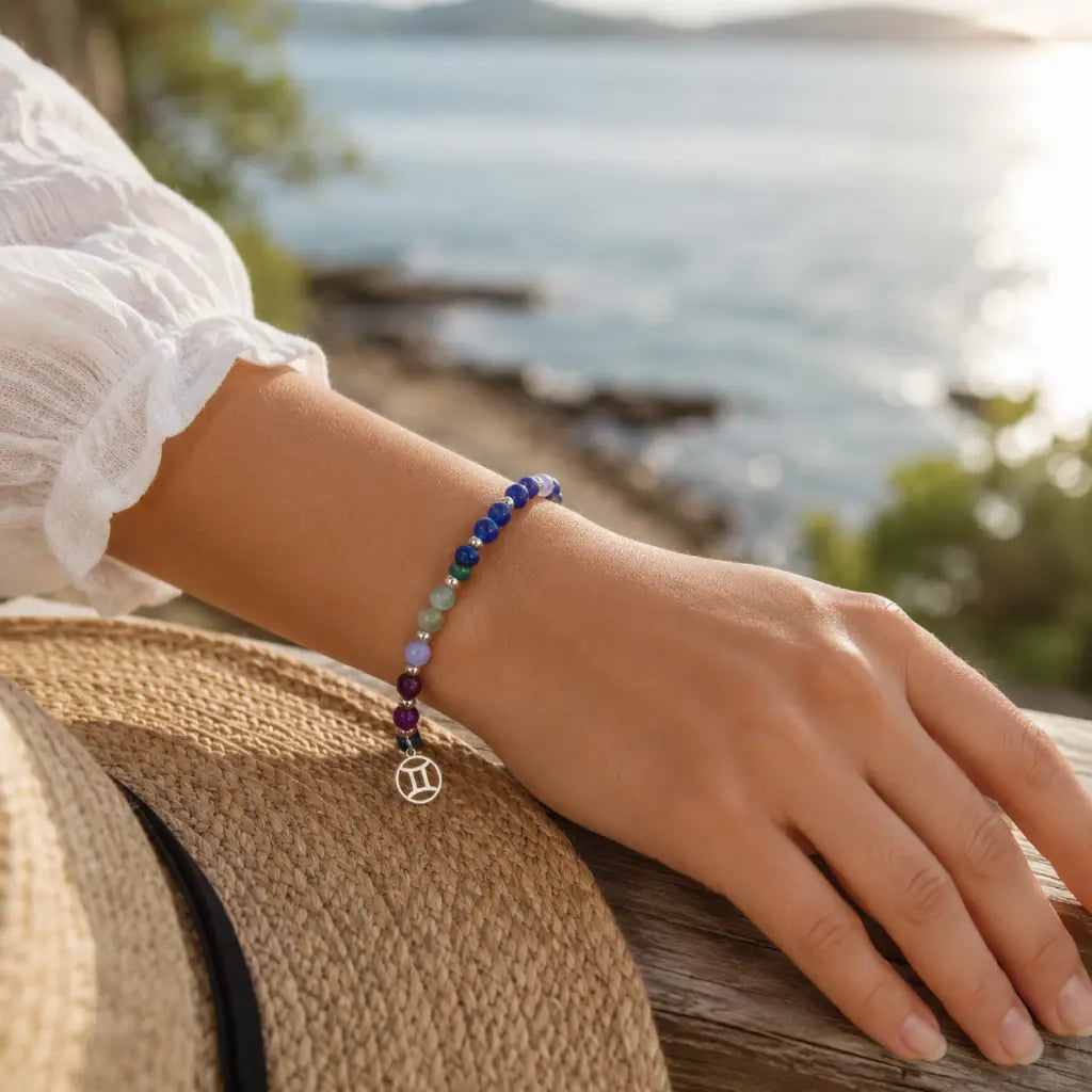 Hand wearing a colorful beaded gemini bracelet with a blurred coastal background