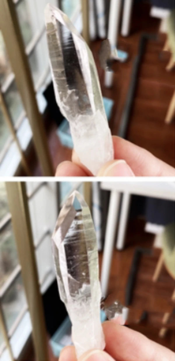 Lemurian clear quartz specimen featuring exceptional transparency and natural growth patterns, highly sought after by crystal collectors.