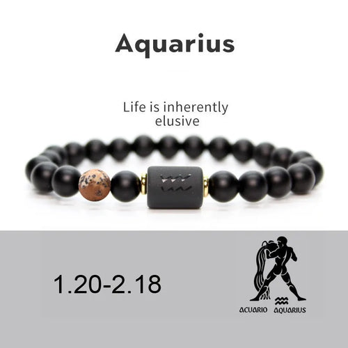 Black beaded bracelet with a black clasp on a white background, featuring the Aquarius zodiac and symbol and Mahogany Obsidian bead