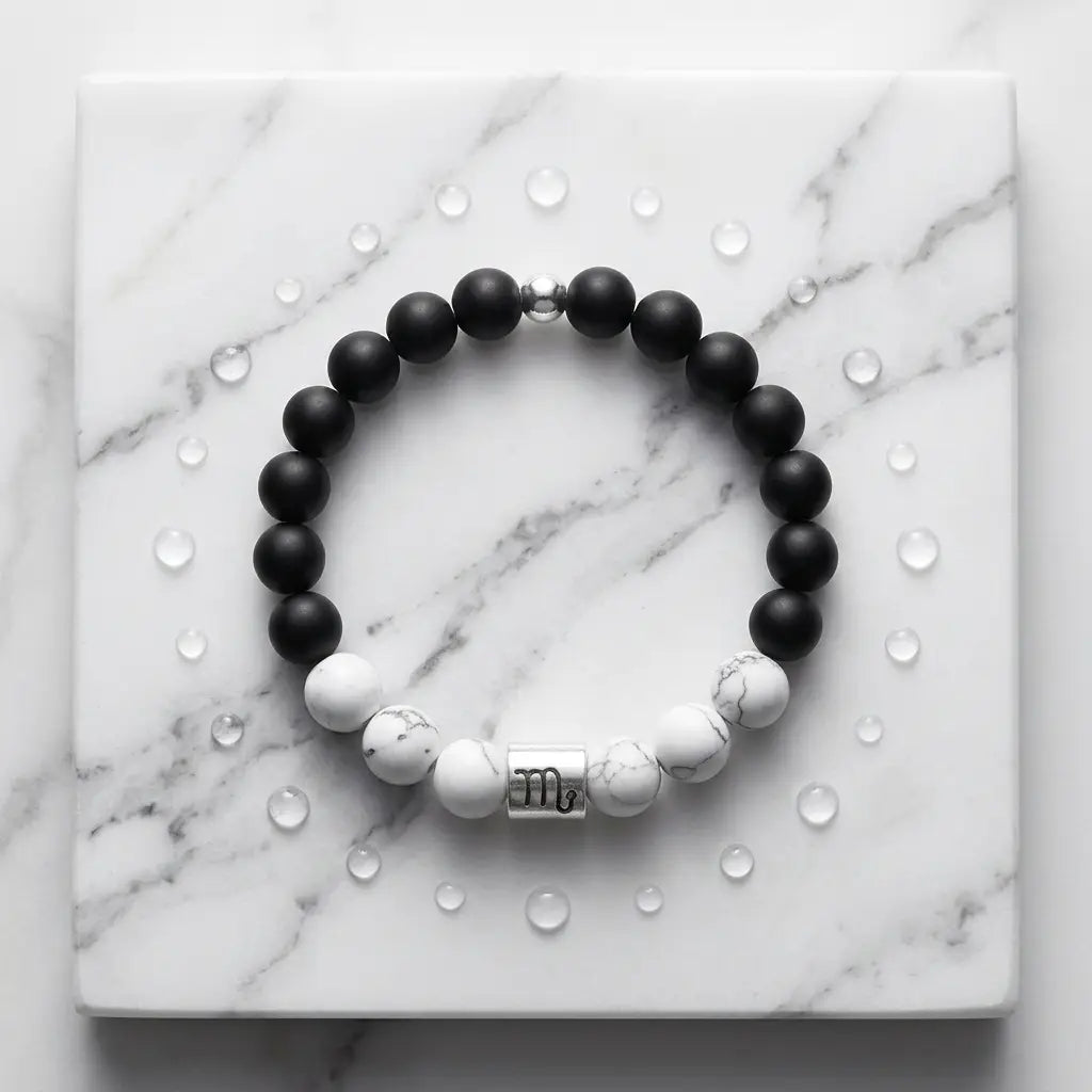 Black and white beaded bracelet on a marble surface