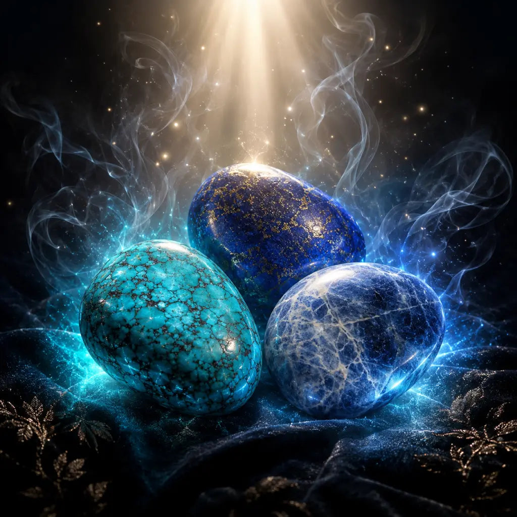 Three glowing blue stones with a mystical atmosphere