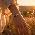 Agate evil eye boho bracelet worn outdoors at sunset, stylish crystal jewelry for protective positive vibes