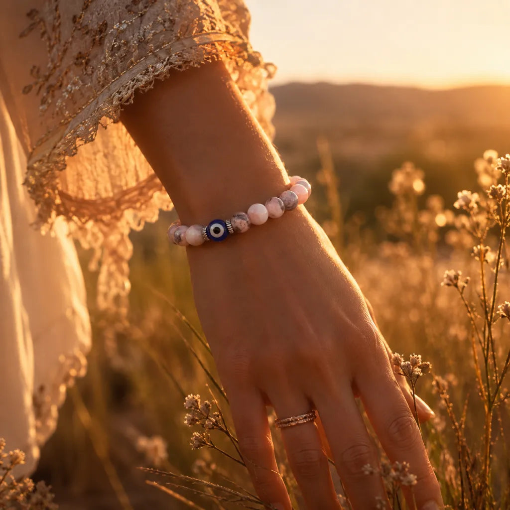 Agate evil eye boho bracelet worn outdoors at sunset, stylish crystal jewelry for protective positive vibes