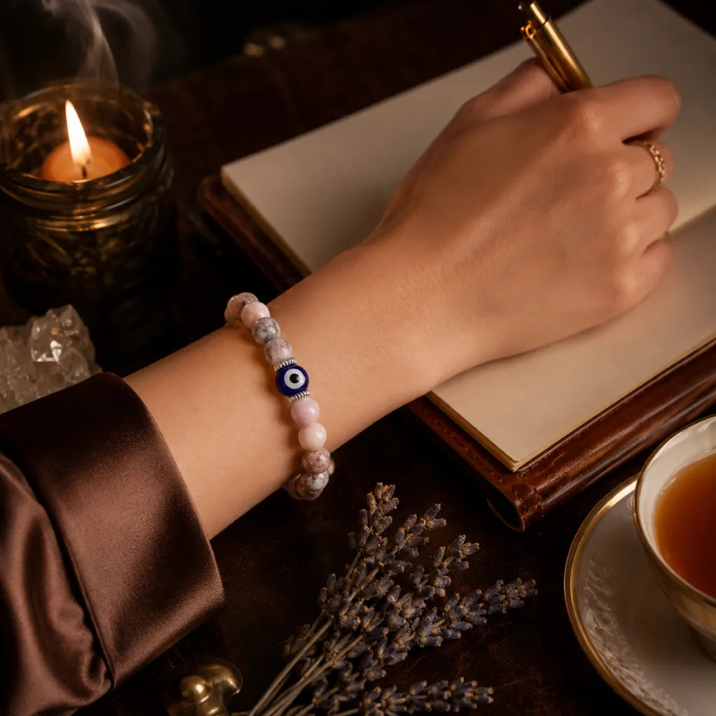 Agate evil eye fashion bracelet on white display box, elegant gemstone jewelry for wellness inspired styling