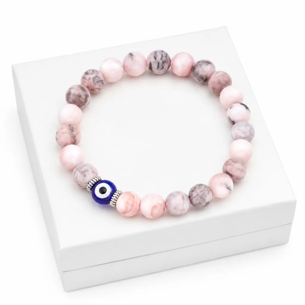 Agate evil eye healing bracelet with polished pink agate stones, protective jewelry for mindful everyday wear