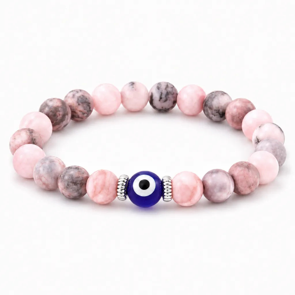 Agate evil eye crystal bracelet with pink gemstone beads, calming spiritual jewelry for balanced energy