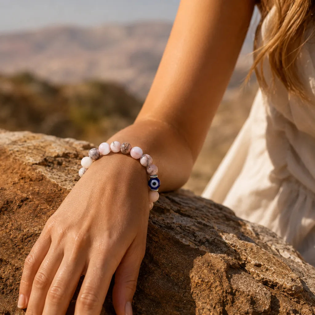 Agate evil eye bracelet worn outdoors with natural sunlight, bohemian gemstone jewelry for mindful style