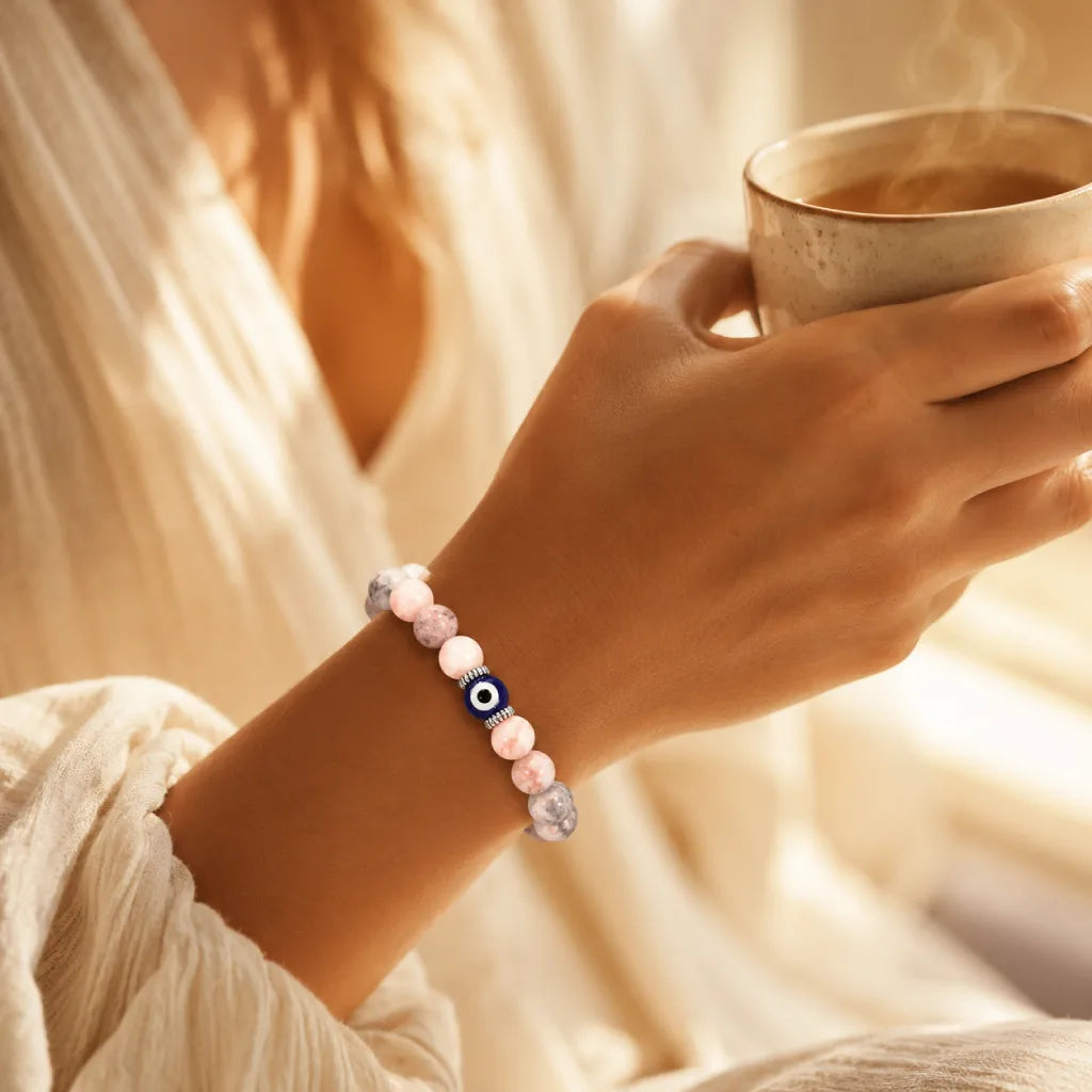 Agate evil eye wellness bracelet worn while holding tea, calming gemstone accessory for peaceful self care