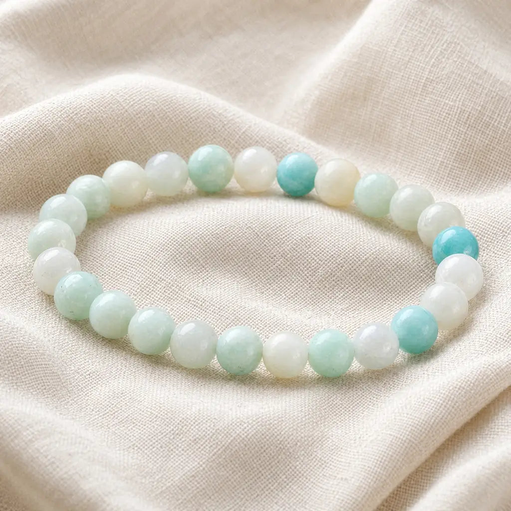 Amanzonite bracelet natural bead bracelet on soft fabric with aqua white stones, soothing crystal accessory style