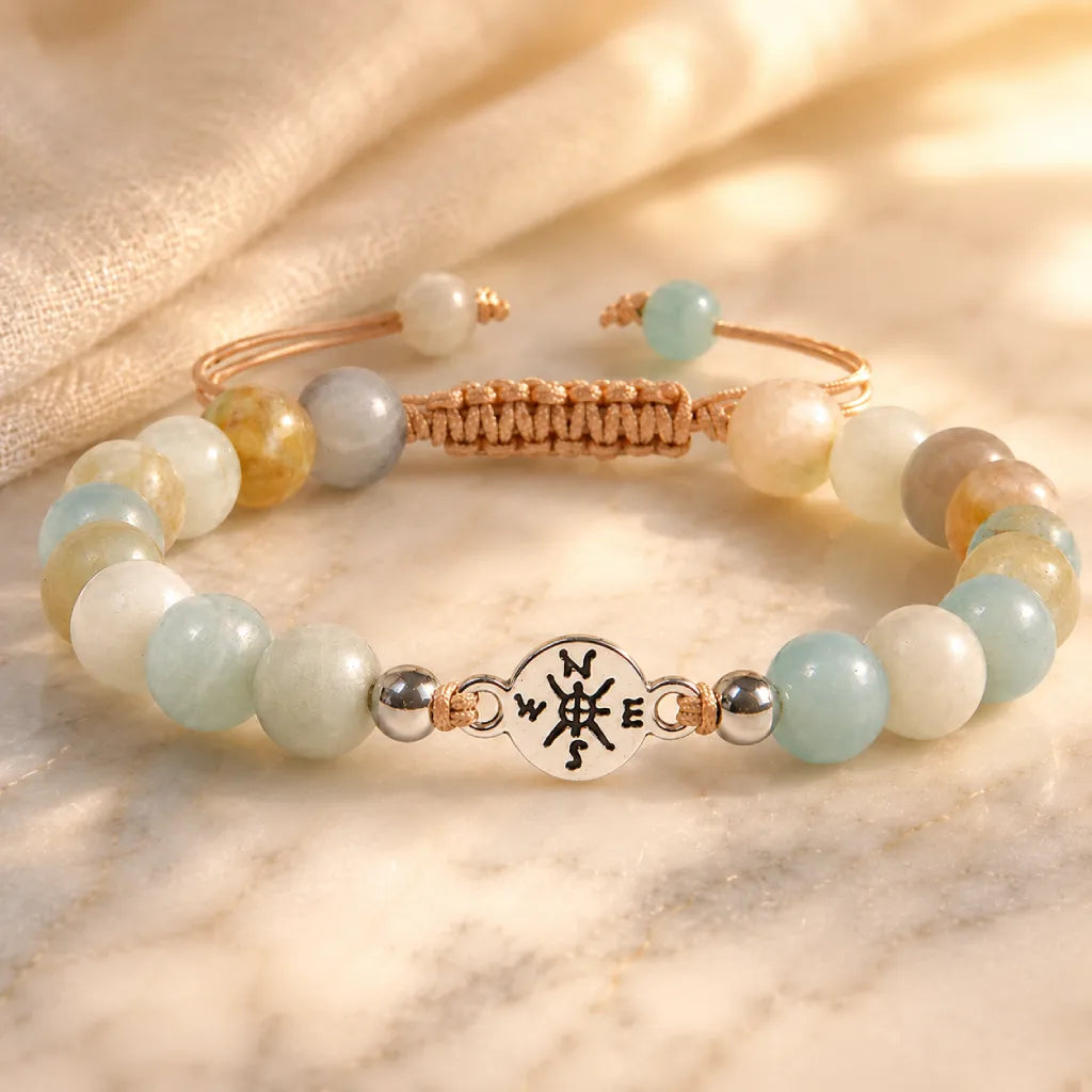 Amazonite crystal bracelet with pastel healing stones and warm golden lighting for soothing elegance.