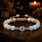 Amazonite spiritual bracelet with natural gemstone beads and warm candlelight for peaceful mindful styling.