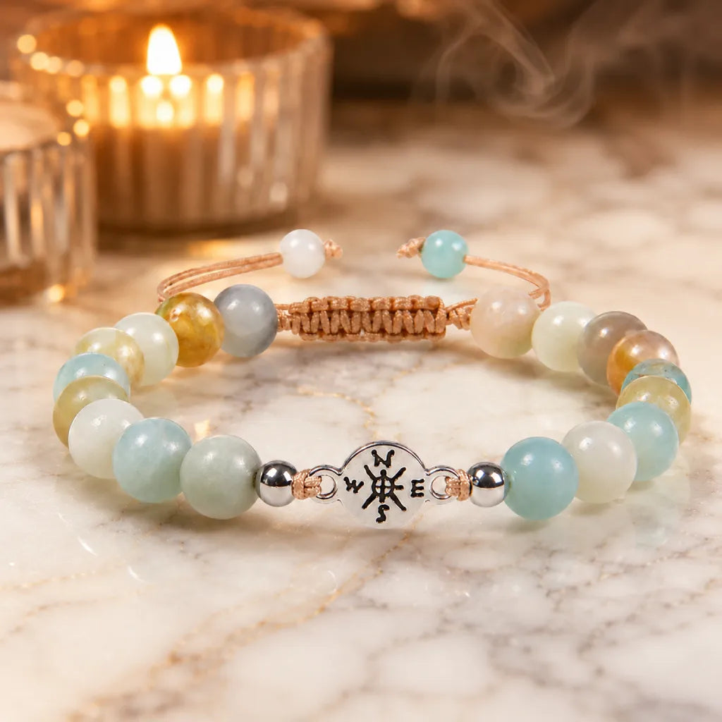 Amazonite healing bracelet featuring polished gemstone beads with candlelit ambiance for peaceful energy.