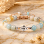 Amazonite healing bracelet with calming pastel gemstone beads and warm golden marble styling for elegant energy.