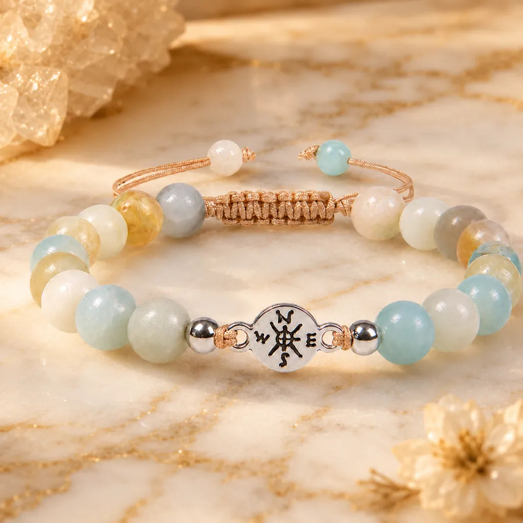 Amazonite healing bracelet with calming pastel gemstone beads and warm golden marble styling for elegant energy.