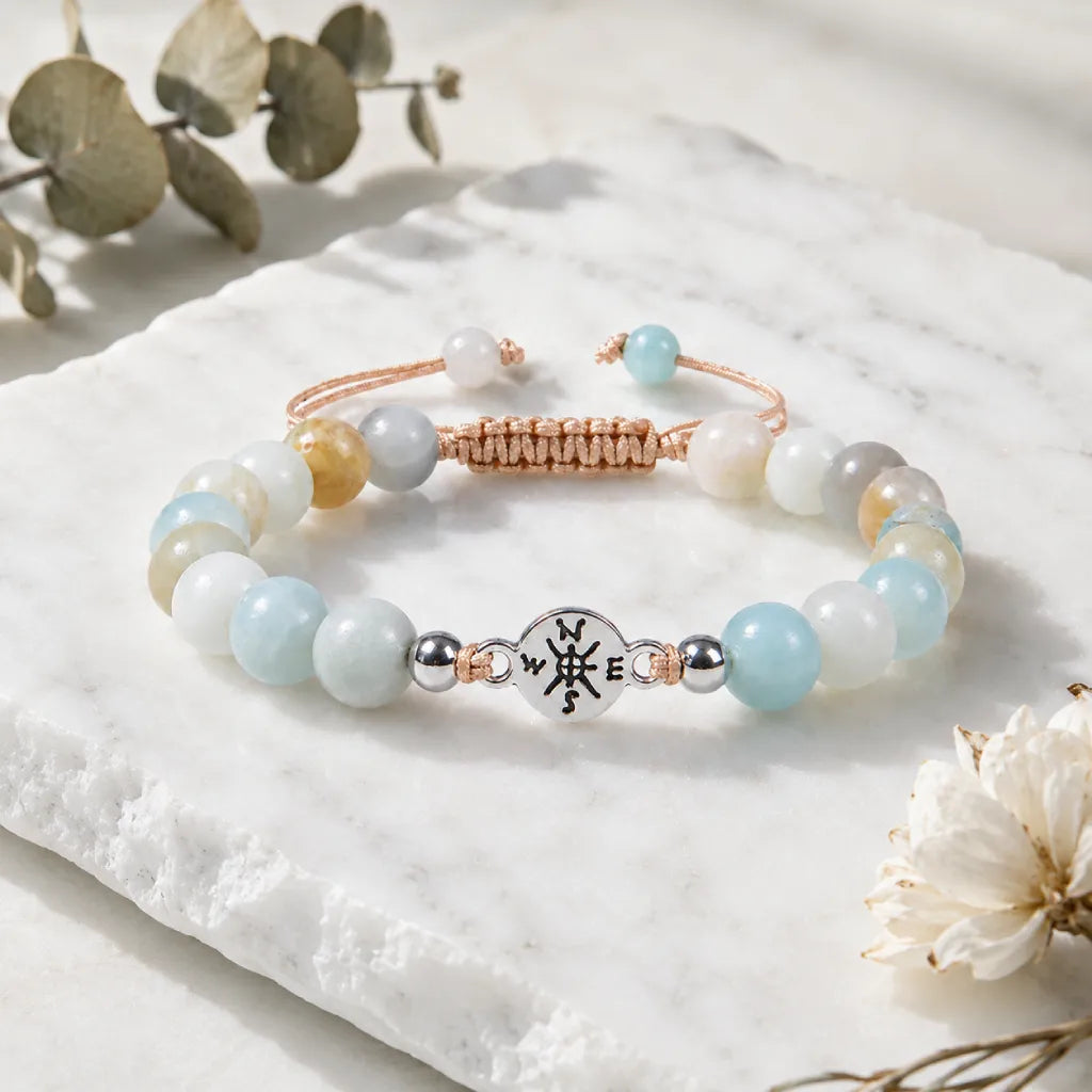 Amazonite gemstone bracelet with calming pastel beads and botanical styling for mindful fashion wear.