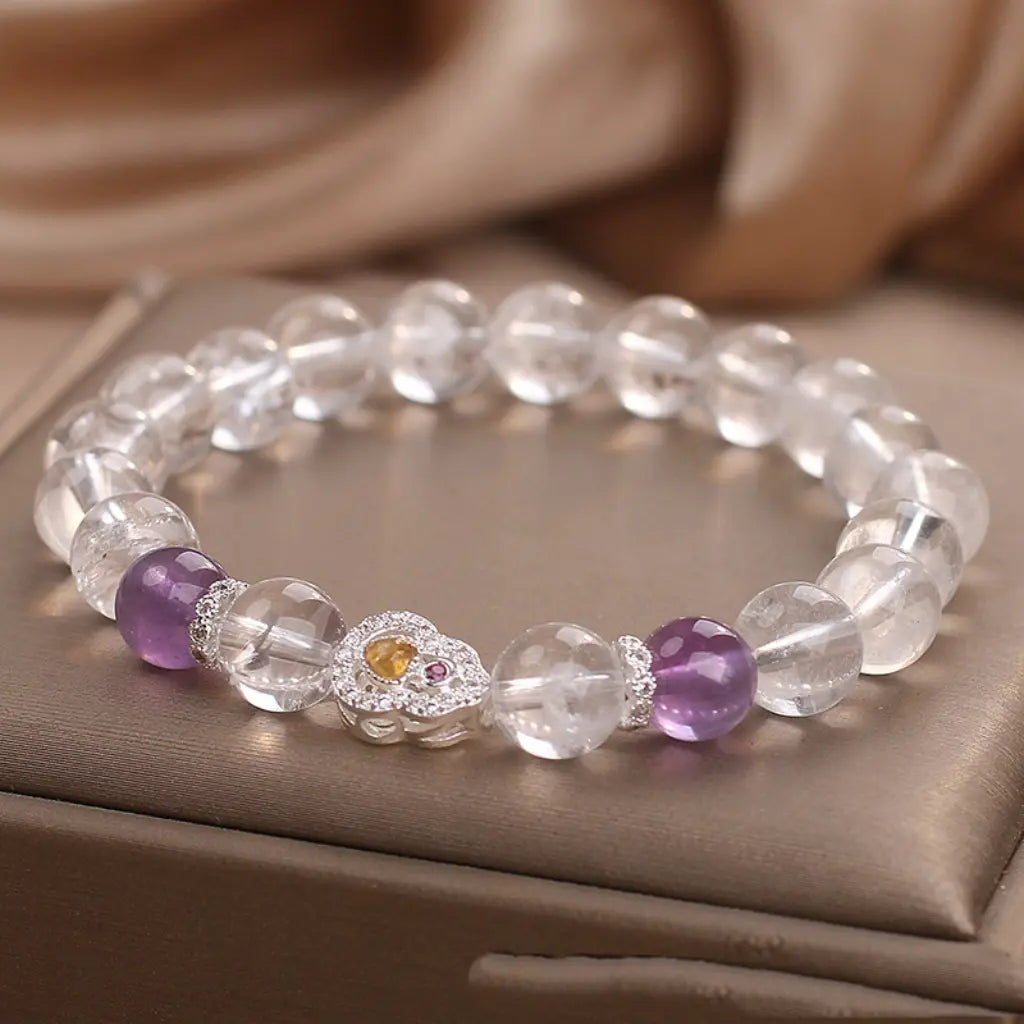Amethyst crystal bracelet with heart charm and polished clear beads spiritual jewelry for timeless style