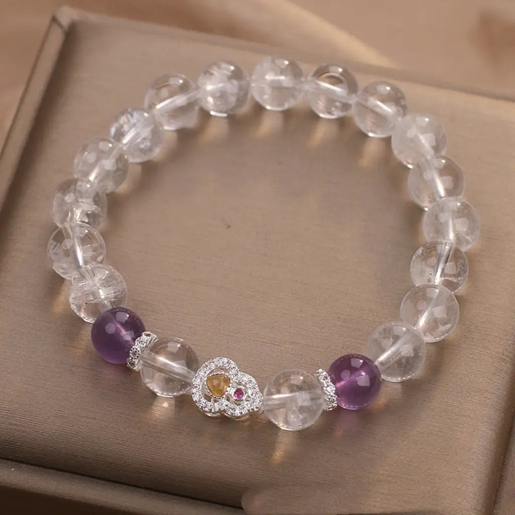 Amethyst crystal bracelet with clear faceted beads and heart charm healing gemstone jewelry for elegant daily wear